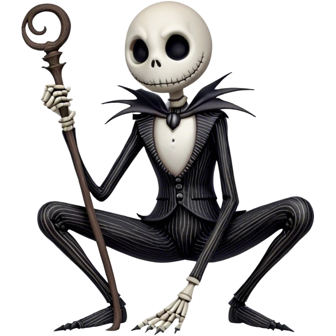 Full body view Cinematic 3D ultra realistic 32K HD image of Jack skellington squatting, stunning detail as though captured in a timeless photograph, rich textures, visually rich, so lifelike that it feels like it could leap off the page at any moment emoji