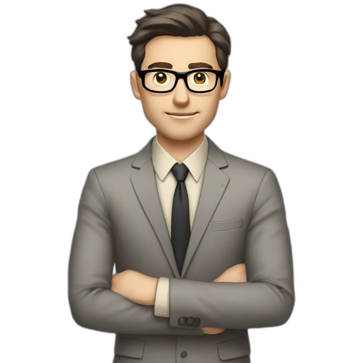Full height Pale skinned Fit Man With dark brown hair in classic gray suit, beige office shirt, dark gray tie, and vintage glasses. His hands lock emoji
