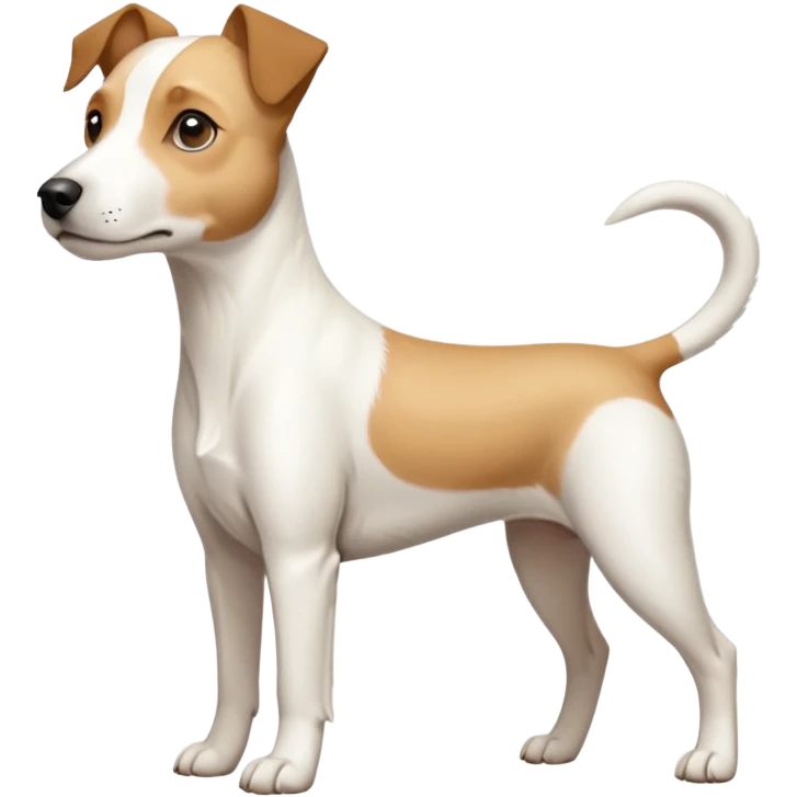 a full body buff white parson russell terrier looking dog the size of a kelpie with light brown long ears and a light brown patch on one eye and a large snout. the rest of the dog is completely white. forward facing emoji