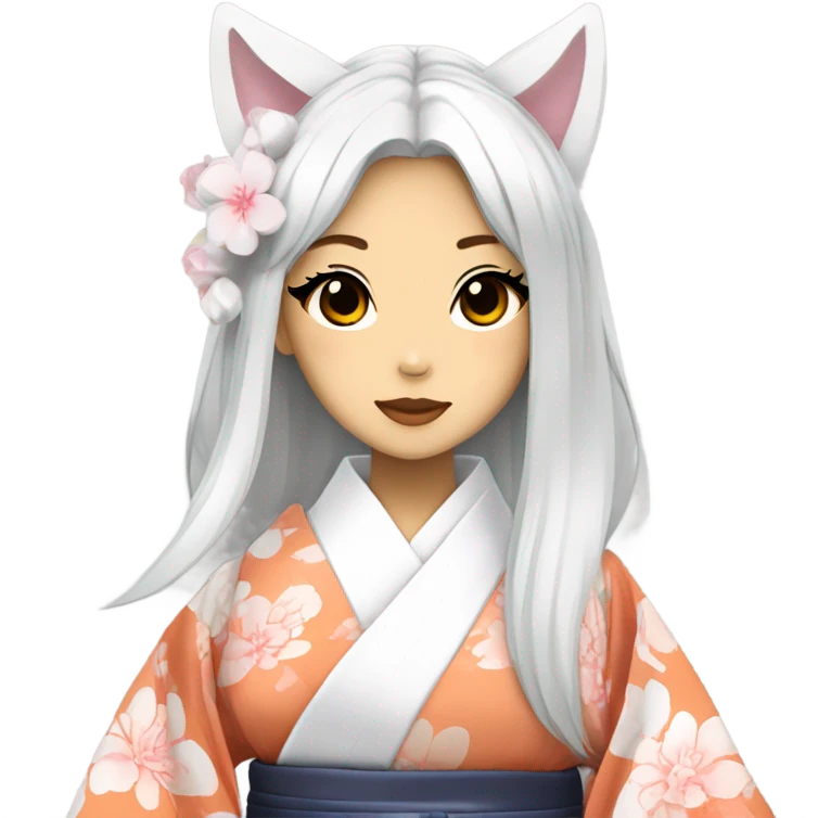 hime gyaru girl, kimono, white hair, kitsune mask emoji