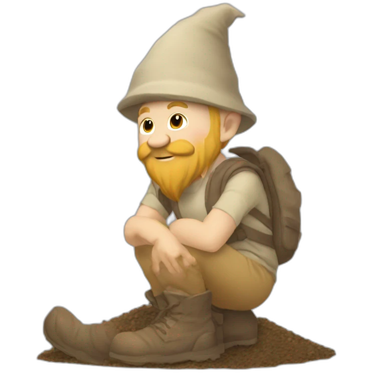 side view of gnome with light tan pants and light tan boots squatting in front of small dirt pile emoji