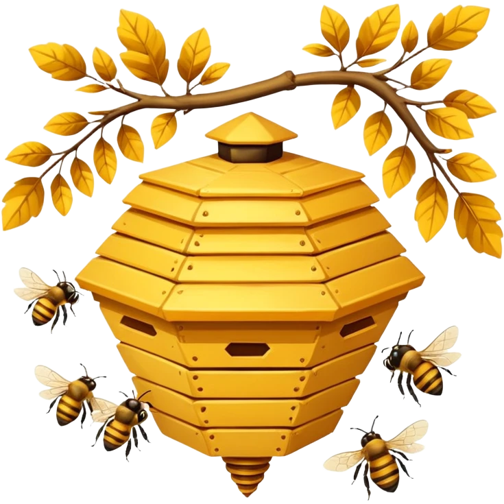 A small hive nestled between tree branches with worker bees. emoji