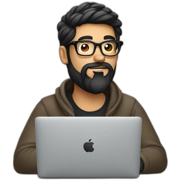 Designer with black hair, beard and glasses working with MacBook and drinking cappuccino  emoji