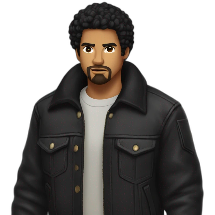 young man, light tan, curly black hair, with black tendrils in his ears, goatee, angry or upset, wearing a Venezuelan flannel, wearing a black motorcycle jacket. emoji