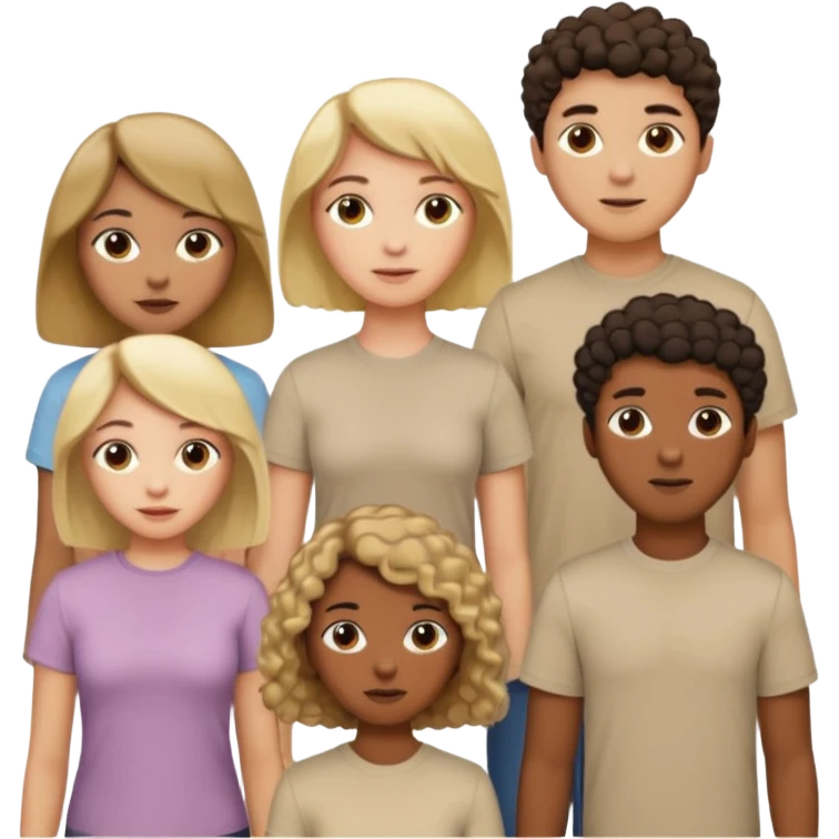 group of people  together ; men and women with one with brown straight hair one with blonde hair and one with black curly hair- short hair, long hair and curly hair wearing beige shirts aesthetic no collar, brown people, white people, black people emoji