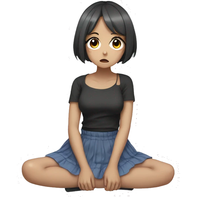anime girl sad full body, Mini skirt, sits on floor emoji
