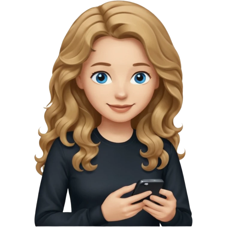 generate a pretty woman with blue eyes, light skin and medium brown long and really wavy shiny hair holding a phone she is looking at the phone while looking down at the screen. she is wearing an ALL black long sleeve. she is smiling emoji