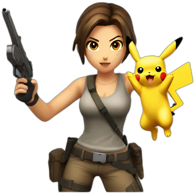 Lara Croft Gunfight with Pikachu realistic emoji