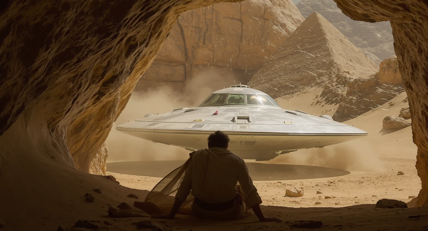 cinematic still, documentary photography, acient egypt, back shot of a man dress in ancient clothes in cave (frame in frame effect) on ground laying front of small ufo starship, sand flying around, palms, dynamic scane, leading lines, captured by arri alexa, depth layers, piramids in babckground emoji
