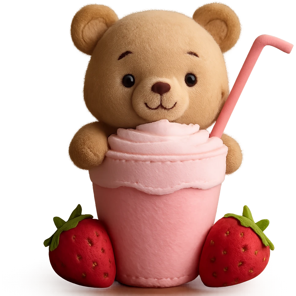 Remove the cherry blossom flowers, keep the cute bear peeking from a strawberry milkshake cup with a straw, two strawberries, pastel colors, soft shadows, clean minimal aesthetic, 3D iOS style, with no background. emoji