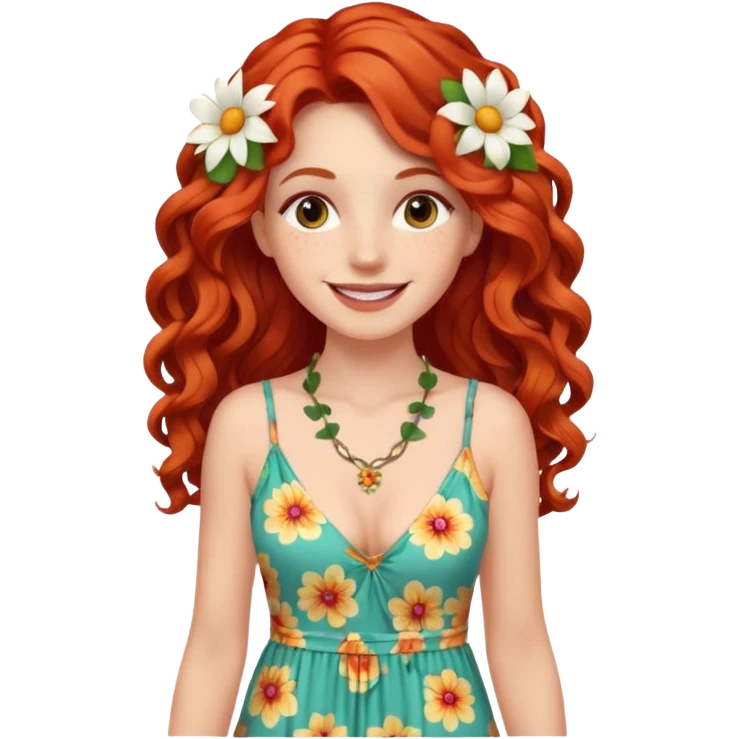 white girl, long curly red hair, wearing a maxi dress, flower necklace, bright cheerful smile emoji