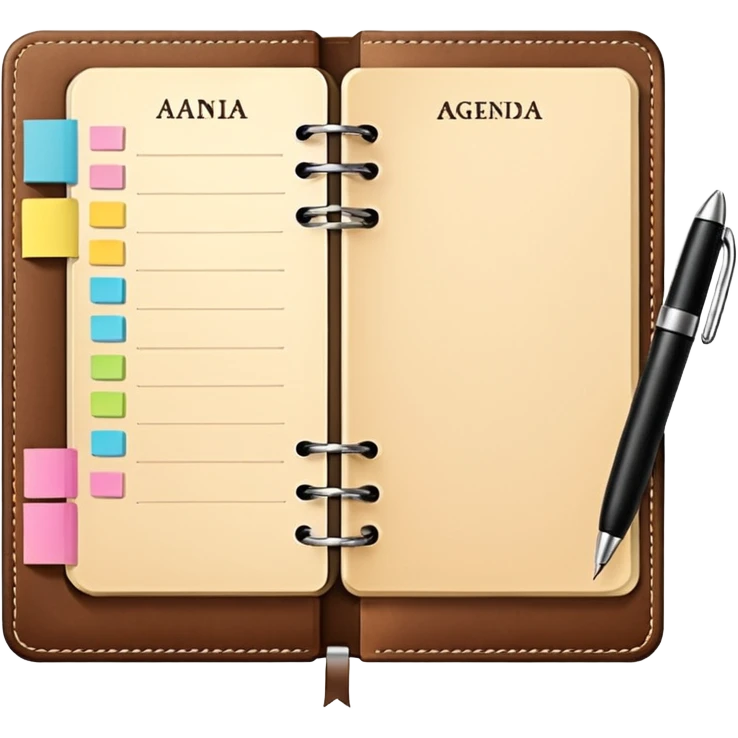 daily planner agenda  leather with open page and pen with stickynotes emoji