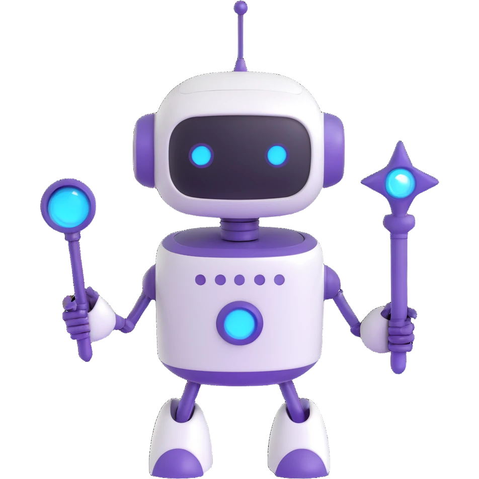 A cute robot is holding a magic wand emoji