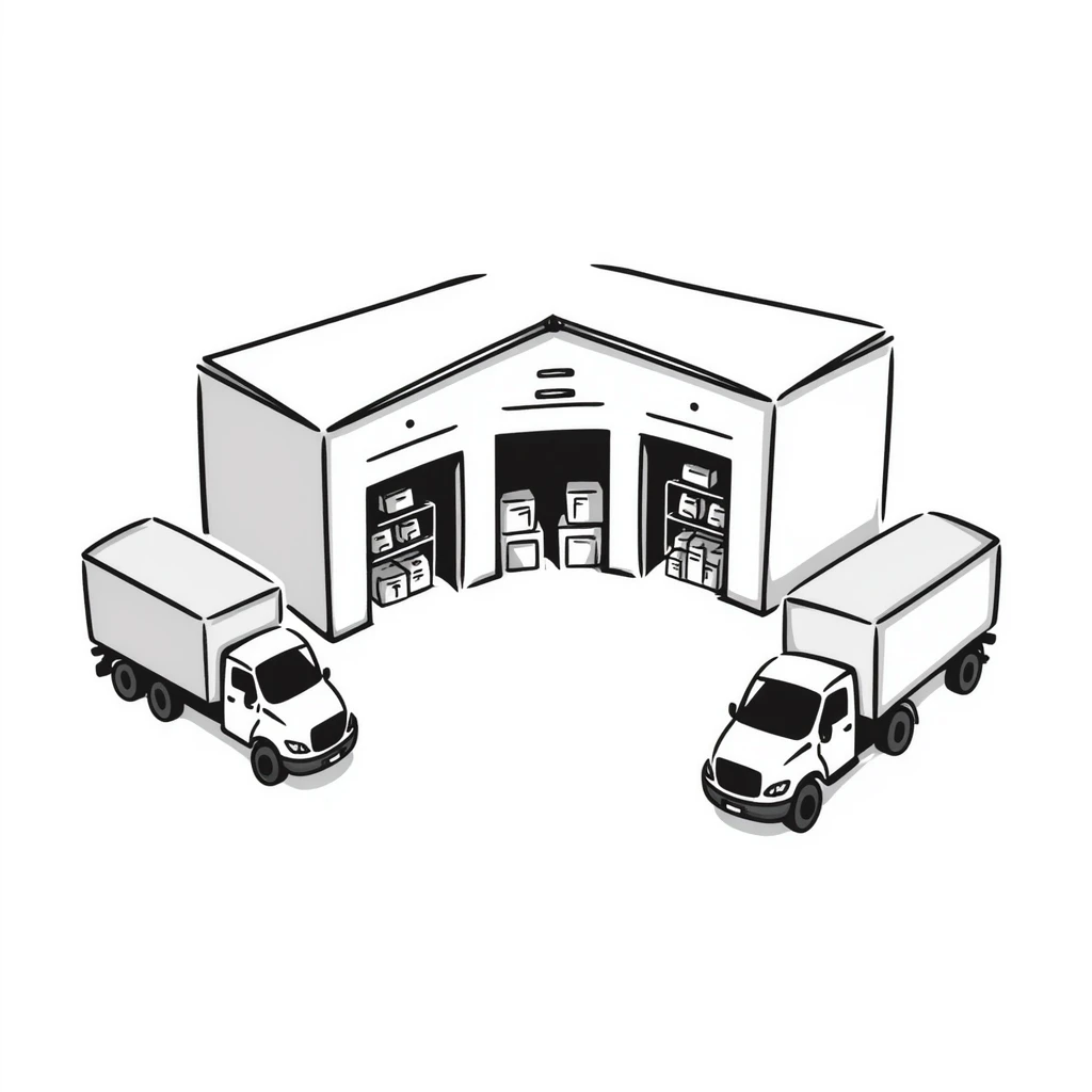 isometric view of an industrial warehouse with loading bay doors, a few parked trucks, and storage shelves visible through open doors emoji