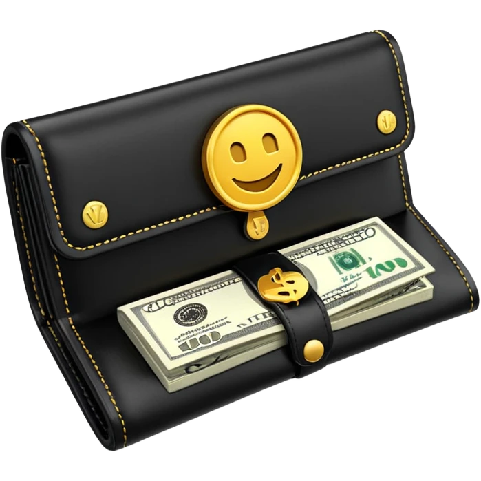 Rich emoji style black leather wallet with dollar bills, luxury money vibe, premium 3D emoji, ultra clean, high detail, no background
 emoji