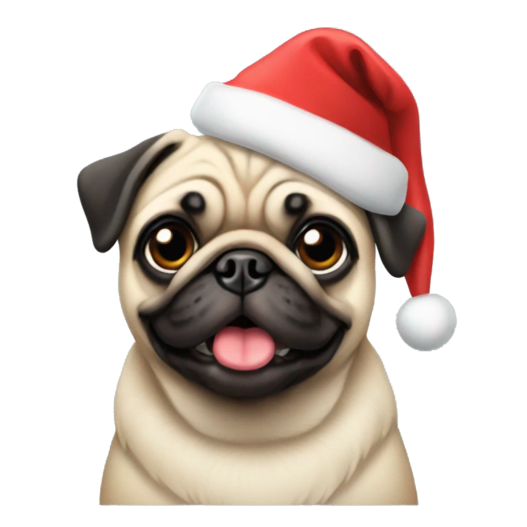 A pug with a christmas hat emoji