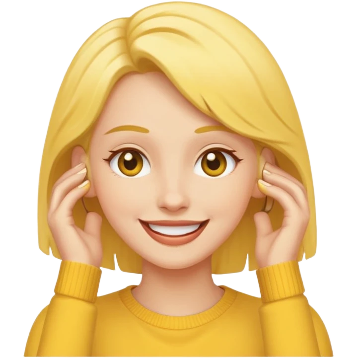 yellow face tucking her hairs behind her ear in flattery cuz a guy said she’s cute emoji