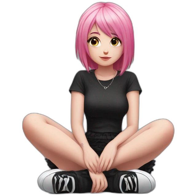 Full body Front view curvy emo girl pink hair sits on the floor straight view hands up black skirt полосатые рваные чулки emoji