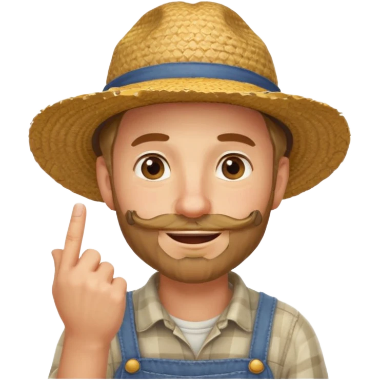 “A single emoji-style character combining 👨‍🌾😄 and 🤔: a smiling farmer man with a straw hat, friendly face, and light beard, holding one hand under his chin in a thinking gesture. His index finger rests under his face, eyes looking slightly upward as if thinking.  emoji