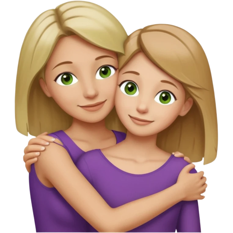 Mom daughter hugging, mom has light brown hair to collarbone and green eyes and is white with tan skin, daughter has dirty blonde hair to upper back with hazel eyes and is white with tan skin emoji