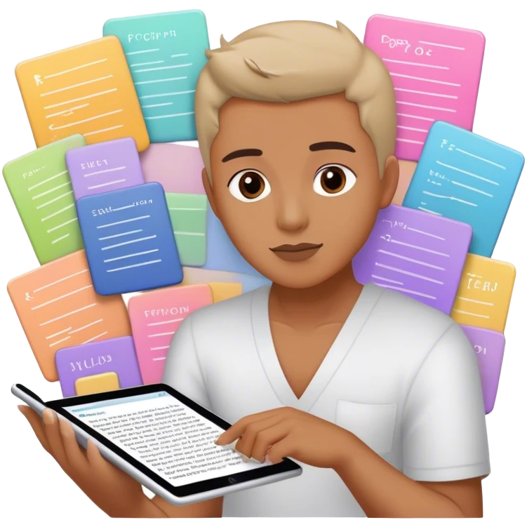 Create an emoji representing fanfiction writing. The design should feature a digital device tablet with visible text, symbolizing the creative process of writing fanfiction. Add a subtle reference to popular fictional characters or universes to indicate the fan aspect. Add stilus and pictures of pop stars in front of text on the screen of tablet. Use a playful, imaginative color palette, blending vibrant tones with soft neutrals. Do not include any emojis or smiley faces. Make the background transparent. emoji