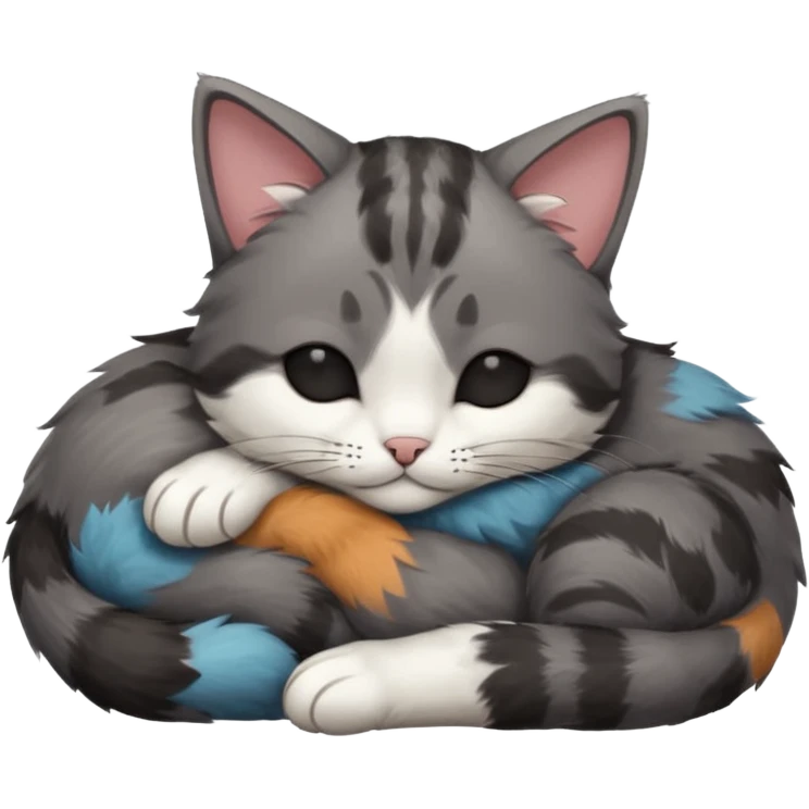 dark grey and white small cat with his eyes closed, leaning his head on his paw while leaning on his elbow lying down emoji