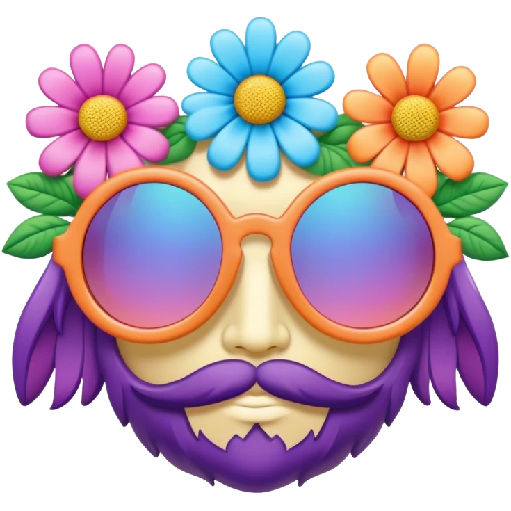 3D, psychedelic colored hippie sunglasses with hippie style flower border emoji