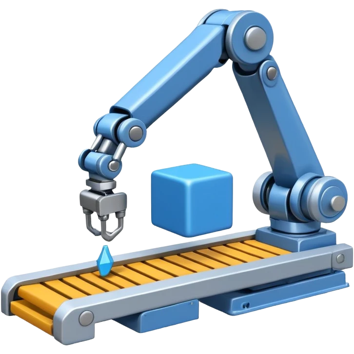 robot arm which is picking blue block on conveyor belt emoji