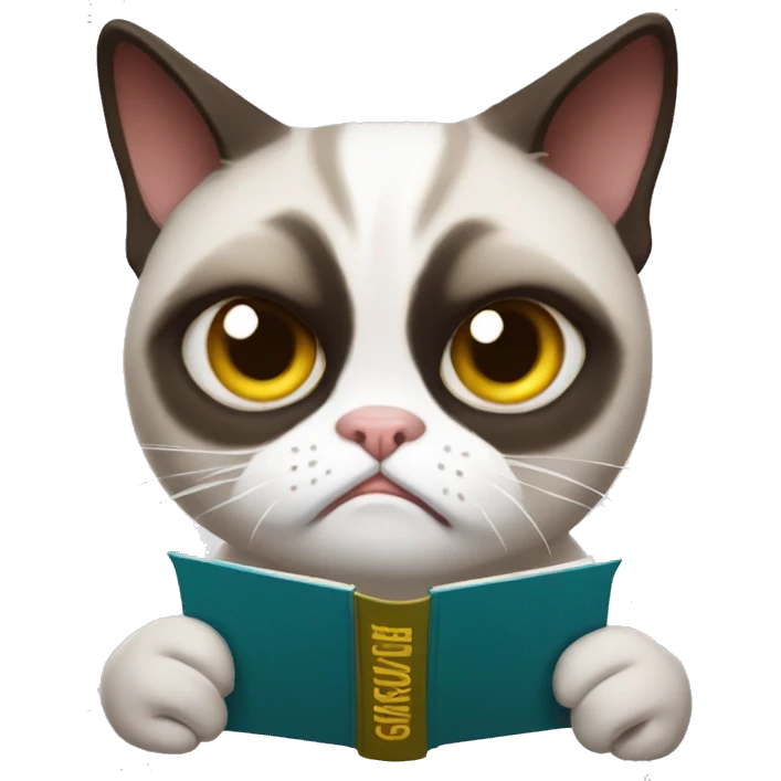 grumpy cat with book emoji
