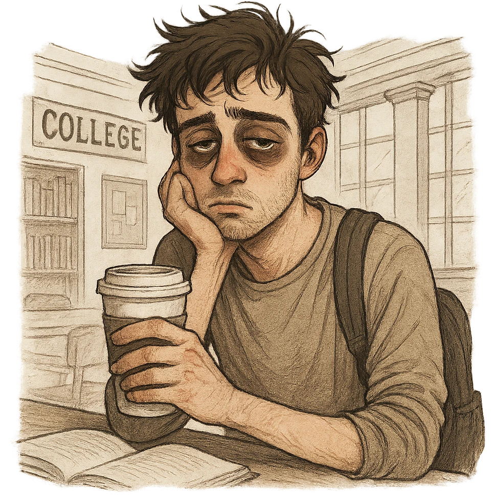 tired student with messy hair, dark circles under eyes, slouched posture, holding coffee cup, looking hungover, college setting emoji