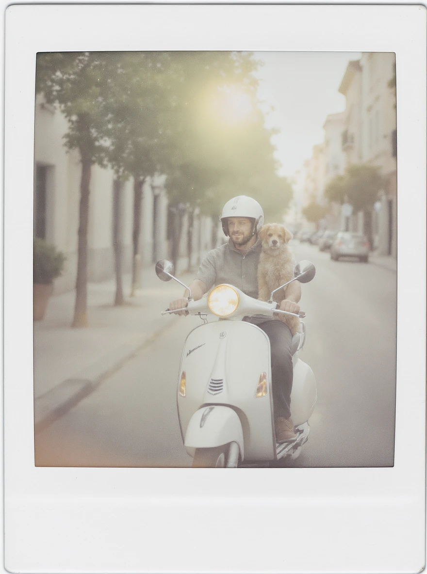 man and his pet dog riding a vespa emoji