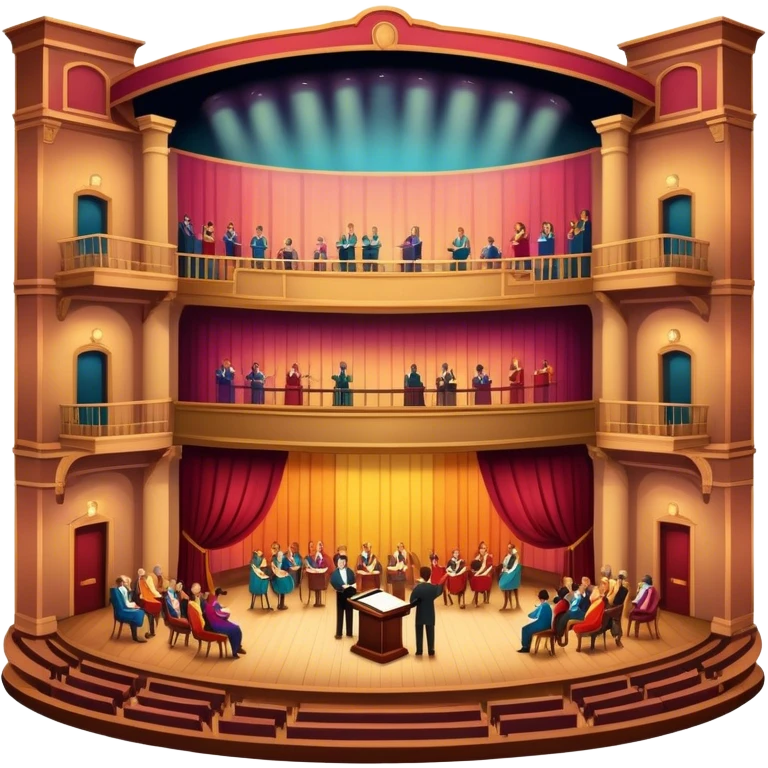 An icon depicting a theater stage with actors performing a play, illuminated by dramatic lighting. The audience watches from colorful balconies, while an orchestra plays in the pit, creating an immersive atmosphere. transparent background. emoji