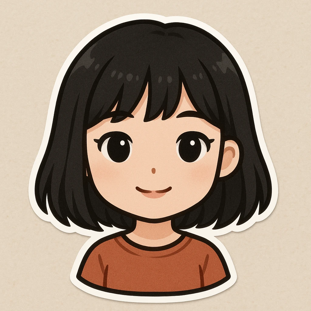 portrait of a girl with black shoulder-length hair, bangs, black almond-shaped eyes, full lips, and straight nose, chibi stickers style emoji