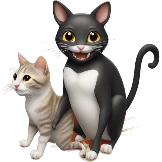 cat riding surfboard eating cheese with a black rat next to it as well emoji