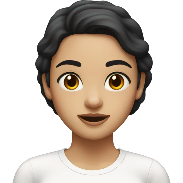A woman with dark hair loose and hazel browm eyes, waering a white shirt and whit skin emoji