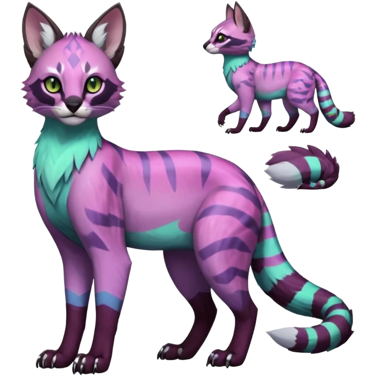 Colorful pale minty lilac onyx fruity glorious exotic neon vibrant zigzagged fantasy-caracal-civet-genet-sergal-vernid-Gryphon-Cacomistle-Trico-oncilla-animal-Fakémon-hybrid-fursona (full body), facial markings, (realism style) emoji