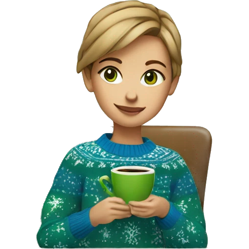 Light brown short haired girl with green eyes drinking coffee wearing blue Christmas sweater emoji