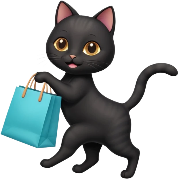 A cute black cat emoji in Apple-style, shown in side view like 🏃, running on four legs with a shopping bag in its mouth. Smooth gradients, soft shading, rounded features, and cheerful mood. emoji