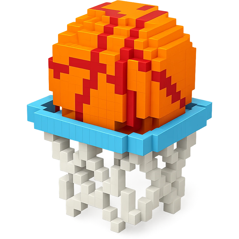 Voxel-style basketball in a net, no background, variation 6. emoji
