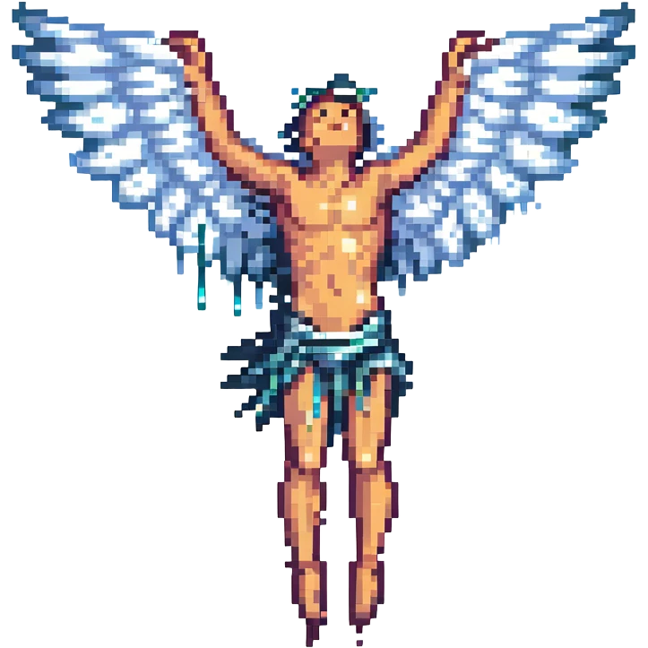 Icarus, wings dripping, arm lifted, looking up, pixel art style emoji