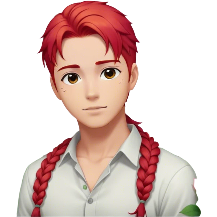 red hair with a thin side braid anime style handsome sexy gojo guy with blushing face and flowers aesthetic trending style outside emoji