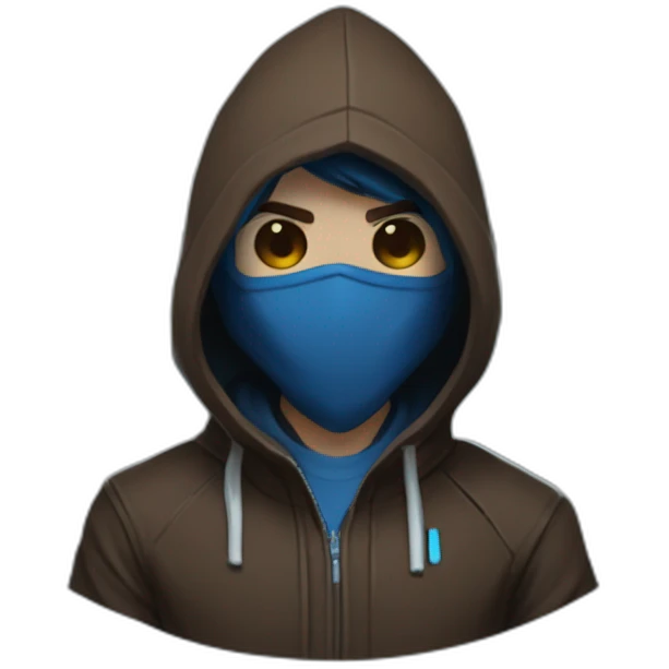 Boy brown developer left side behind his laptop with this style: Valorant Riot Game blue character blue black hooded hacker  emoji