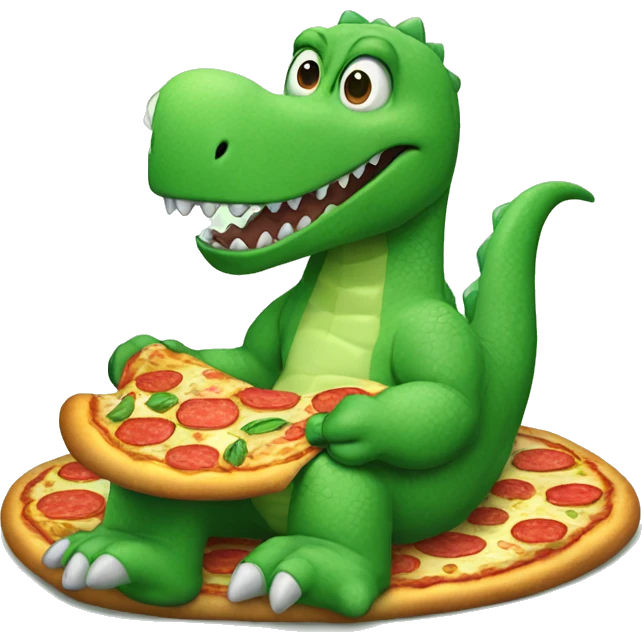 Green dinosaur eating a pizza whilst wearing pyjamas and fluffy white slippers emoji