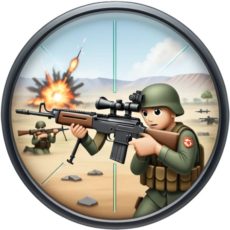 An icon featuring the crosshairs of an automatic rifle in the foreground, with a battlefield in the background. The design captures the intense focus of a first-person shooter game, with soldiers and explosions visible through the sights. Transparent background. emoji