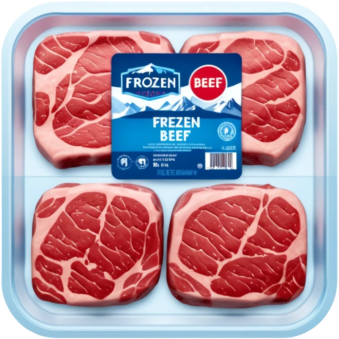 A vacuum-sealed plastic tray of frozen beef steaks, with visible frost and ice crystals on the meat surface. The label shows brand name, weight, and “Premium Beef Steaks.” The packaging has a transparent window revealing the red meat.  photorealistic food packaging. emoji