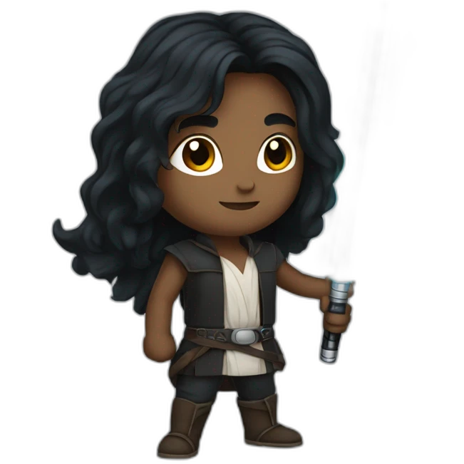 A Portuguese with long black hair holding a lightsaber emoji