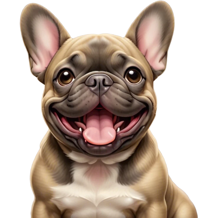 Cinematic Cute Yawning Brindle French Bulldog Portrait Emoji, Head tilted slightly with a dramatic, wide-open yawn, showcasing a sleek brindle coat with subtle fawn highlights, floppy ears slightly drooping, round dark eyes barely open in drowsy contentment, Simplified yet irresistibly adorable features, highly detailed, glowing with a soft, cozy glow, high shine, relaxed yet expressive, stylized with a touch of whimsy, bright and endearing, soft glowing outline, capturing the essence of a sleepy yet affectionate companion, so drowsy it feels like it could stretch out of the screen and curl up for a nap! emoji