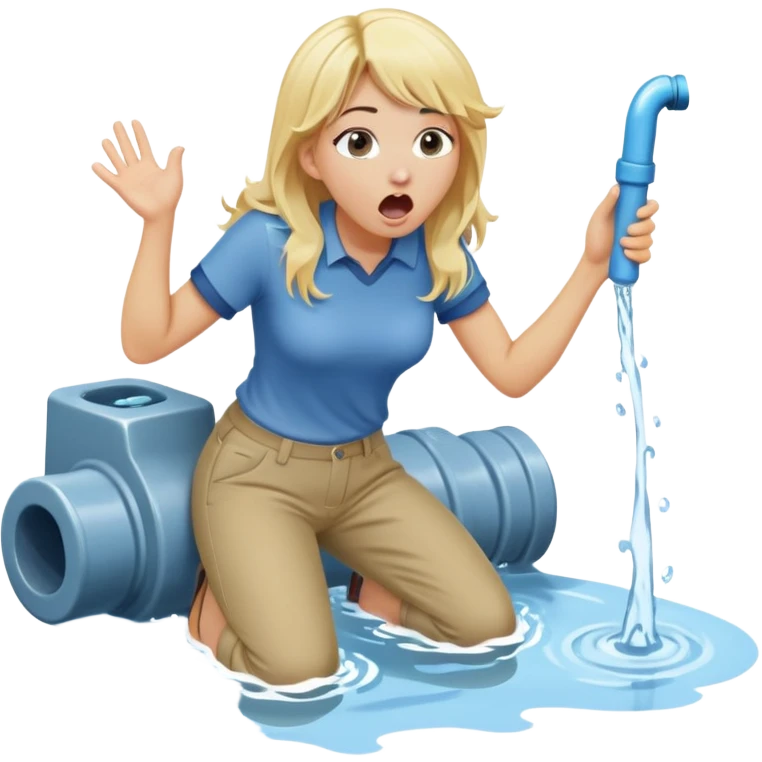 cartoonish blond woman kneeling with surprised expression, a wide cartoonish stick with a D-shaped knob coming out of a pair of pants hanging in front of her face, water stream squirting from the flat side of the knob into her open mouth emoji