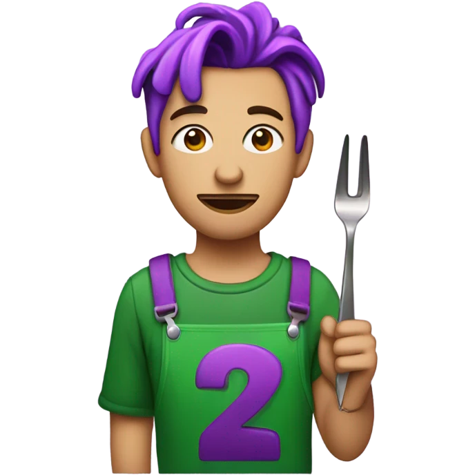 A peach skin man with purple hair and a green jumpsuit that has the number 230 on the jumpsuit and he is holding up a fork that has red paint dripping on it emoji