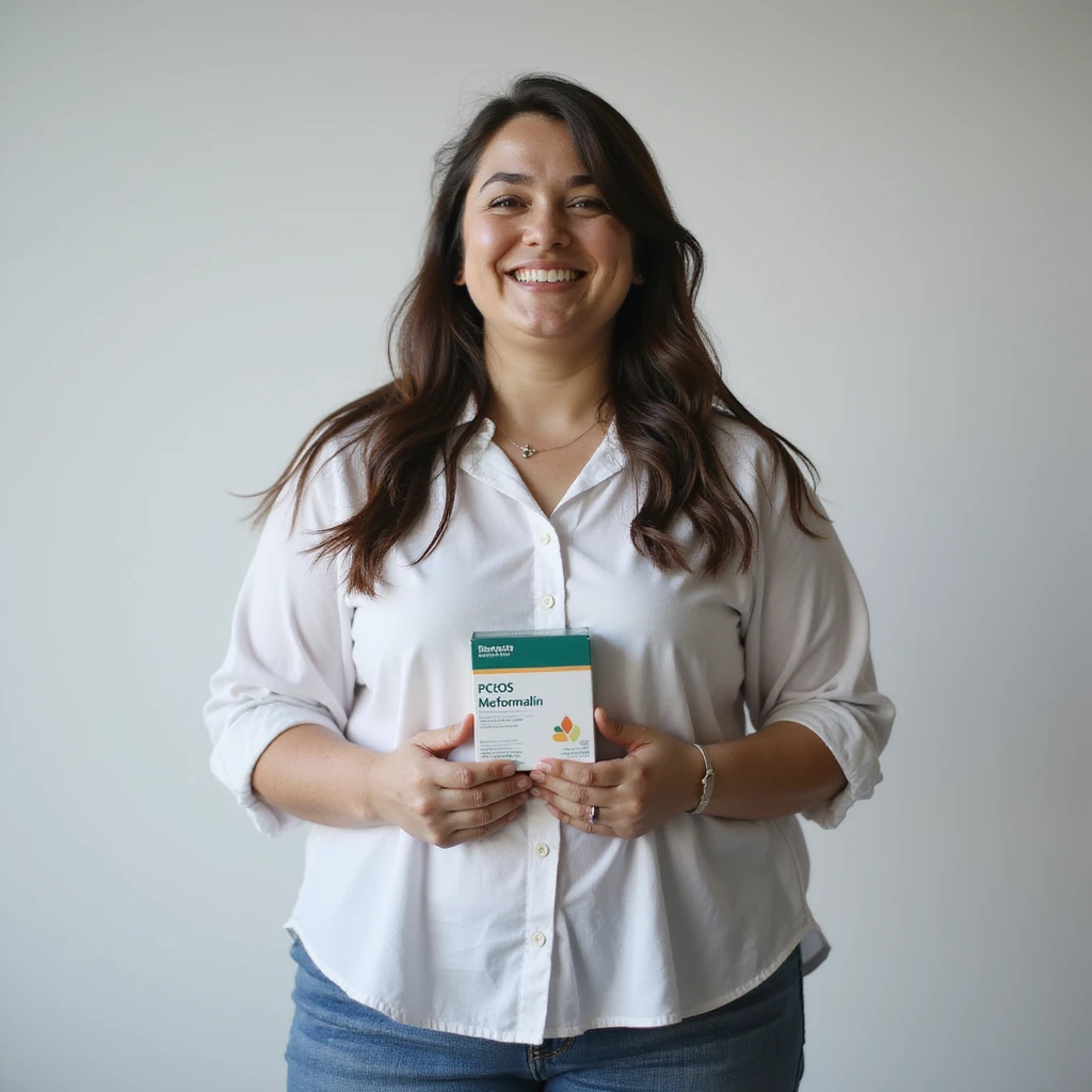 hyperrealistic 4K vertical 9:16 image of an overweight woman with PCOS standing on isolated white background, holding a box of Metformin, hopeful or determined expression, clinical atmosphere emoji